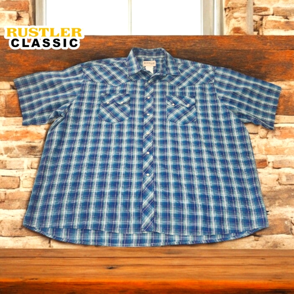 VTG ⭐️ RUSTLER by WRANGLER Blue Snap Closure Short Sleeve- 2XL